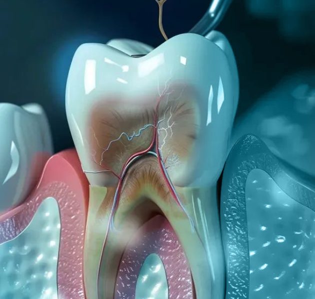 Midjourney Close-up of a tooth with exposed nerve and root canals_